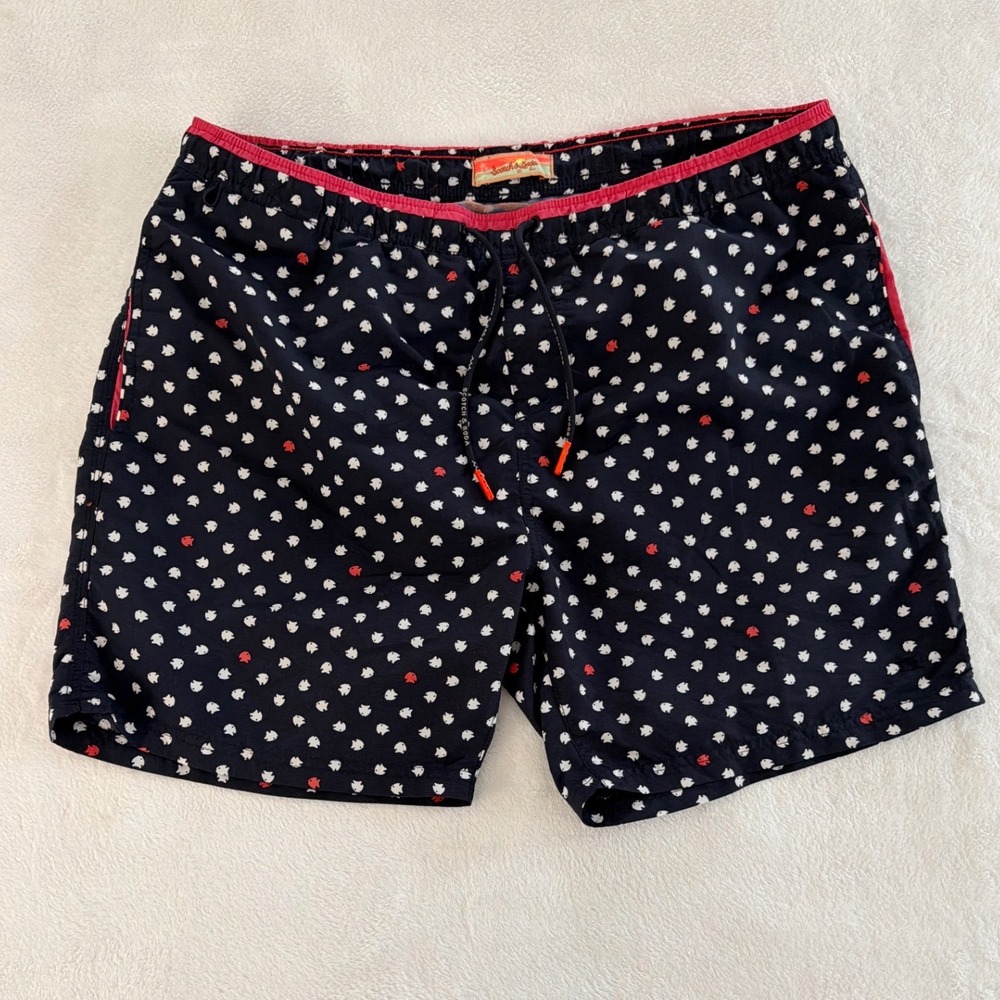 Scotch‎ & Soda Mens Sz XL Navy Blue Fish Print Swim Drawstring Lined Trunks